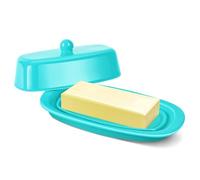 Flexzion Ceramic Blue European Butter Dish with Lid for Countertop (7 Inch) - 1 Stick Butter Holder for Counter, Cream Cheese Container Storage Keeper