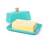 Flexzion Ceramic Blue European Butter Dish with Lid for Countertop (7 Inch) - Wide 2 Stick Double Butter Holder for Counter, Cream Cheese Container Storage Keeper