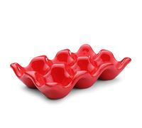 Flexzion Ceramic Egg Holder for Fridge - 6 Cups Egg Tray Half Dozen Porcelain Container Keeper Storage Organizer Decorative Serving Dish Serveware for Refrigerator Countertop Display Kitchen (Red)