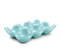 Flexzion Ceramic Egg Holder for Fridge - 6 Cups Egg Tray Half Dozen Porcelain Container Keeper Storage Organizer Decorative Serving Dish Serveware for Refrigerator Countertop Display Kitchen (Blue)