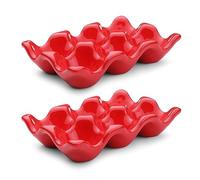 Flexzion Ceramic Egg Tray - 6 Egg Capacity Half Dozen Holder, Red Decorative Serving Dish and Storage Organizer, 2 Pack