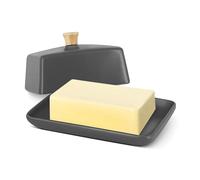 Flexzion Ceramic Gray European Butter Dish with Lid for Countertop (8 Inch) - Wide 2 Stick Double Butter Holder for Counter, Cream Cheese Container Storage Keeper