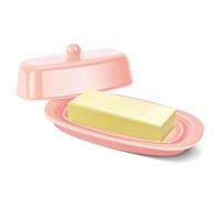 Flexzion Ceramic Pink European Butter Dish with Lid for Countertop (7 Inch) - 1 Stick Butter Holder for Counter, Cream Cheese Container Storage Keeper