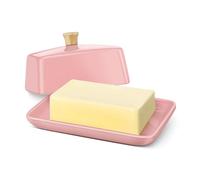 Flexzion Ceramic Pink European Butter Dish with Lid for Countertop (8 Inch) - Wide 2 Stick Double Butter Holder for Counter, Cream Cheese Container Storage Keeper