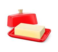 Flexzion Ceramic Red European Butter Dish with Lid for Countertop (7 Inch) - Wide 2 Stick Double Butter Holder for Counter, Cream Cheese Container Storage Keeper