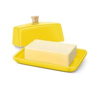 Flexzion Ceramic Yellow European Butter Dish with Lid for Countertop (7 Inch) - Wide 2 Stick Double Butter Holder for Counter, Cream Cheese Container Storage Keeper