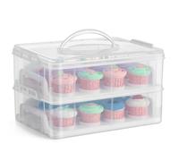 Flexzion Cupcake Carrier, Cupcake Holder for 24 Cupcakes, Portable and Reusable Rectangular Cake Carrier with Lid and Handle, 2 Tier Stackable Layer Insert (Clear)