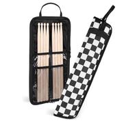 Flexzion Drum Stick Bag - Percussion Music Accessories Case with Hook, Card Holder, Adjustable Shoulder Strap & Carrying Handle - 4 Pairs Kid Drum Sticks Holder - Water-Resistant Fabric, Checkered