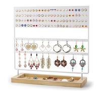 Flexzion Earring Holder Organizer, Earring Hanger Rack Display Stand, Metal Jewelry Tower, Dangle and Hoop Earring Stand, 144 Holes with Wooden Base Tray for Jewelries and Accessories, White
