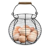 Flexzion Egg Basket for Gathering Fresh Eggs - Round Wire Countertop Egg Holder with Wooden Handles, Farmhouse Chicken Eggs Collecting Basket Storage for Countertop, Kitchen Organizer and Farm (Black)
