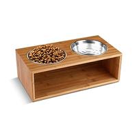 Flexzion Elevated Dog Bowl Stand Raised Dog Bowl Holder Pet Feeding Station Dish Riser 18 Oz 6-Inch Tall Food and Water Platform Stainless Steel Raised Food Bowl for Dogs and Cats with Wooden Stand