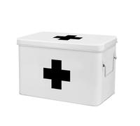 Flexzion First Aid Box Empty 13" White Metal Tin Organizer with Removable Tray, Dividers, Side Handles & Black Cross Logo, Medicine Storage Box for Home Office Car Supplies