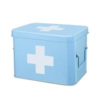 Flexzion First Aid Box Empty 8.5 Inch Metal Medicine Box, Large First Aid Organizer Tin Storage Box with Removable Tray, Dividers, Side Handles, Vintage Medical Supply Container (Blue w/White Cross)