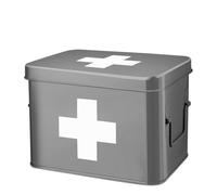 Flexzion First Aid Box Empty 8.5 Inch Metal Medicine Box, Large First Aid Organizer Tin Storage Box with Removable Tray, Dividers, Side Handles, Vintage Medical Supply Container (Gray w/White Cross)
