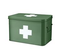 Flexzion First Aid Box Organizer Empty 13" Green Vintage First Aid Kit Tin Metal Medical Box - First Aid Storage Box Container Bins with Dividers, Removable Tray and White Cross Logo