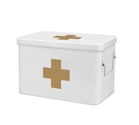 Flexzion First Aid Box Organizer Empty 13" White Vintage First Aid Kit Tin Metal Medical Box - First Aid Storage Box Container Bins with Dividers, Removable Tray and Gold Cross Logo