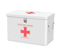 Flexzion First Aid Box Organizer Empty with Lock - 13" White Vintage First Aid Kit Tin Metal Medical Box - First Aid Storage Bin Container with Dividers, Removable Tray and Red Cross Logo