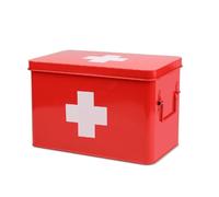 Flexzion First Aid Medicine Box Supplies Kit Organizer - Empty 13" Red Metal Tin Medic Storage Bin Hard Case with Removable Tray White Cross, Vintage Antique Boxes for Home Family Emergency Tool Set