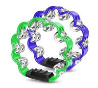 Flexzion Flower Tambourine - 8 Inch Handheld Percussion Instrument w/Metal Jingles & Ergonomic Grip - Small Tambourines for Adults, Kids, Church, Parties, & Musical Events (2 Pack - Blue & Green)