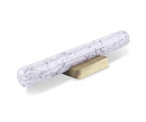 Flexzion French Rolling Pin, 12 Inch White Marble Rolling Pins for Baking with Wooden Base Holder Stand - Non-Stick Baking Roller for Baking Fondant, Crust, Pastry, Cookies, Pizza, Pasta