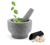 Flexzion Granite Mortar and Pestle Set, 2 Cup Molcajete Stone Grinding Bowl, Thai Herb Crushing Bowl with Garlic Peeler and Non-Stick Mat for Guacamole, Herbs, and Spices Crusher Grinder Masher, Gray