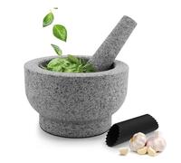 Flexzion Granite Mortar and Pestle Set, 4 Cup Large Mortar and Pestle Molcajete Bowl Stone Grinder Bowl Muddler and Bowl with Garlic Peeler and Non-Slip Mat for Guacamole, Herbs, Spices, Gray