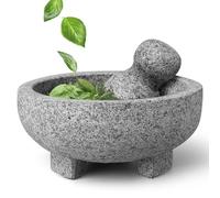 Flexzion Granite Mortar and Pestle Set - Solid Granite Stone Grinder Bowl Holder 6 Inch Molcajete for Guacamole, Herbs, Spices, Garlic, Kitchen, Cooking, Medicine