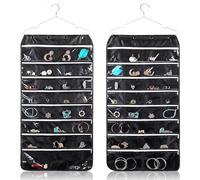 Flexzion Hanging Jewelry Organizer with Zippered Pockets - (1 Pack) Black Closet Jewelry Organizer Storage with Hanger, 56 Pockets Dual Sided Earring Organizer Hanging for Bracelets, Watches, Ring