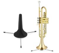 Flexzion In-Bell Trumpet Stand Holder, Foldable Compact Portable Tripod Steel 3 Leg Display Stand, Floor-Level with Self-storage Peg Compartment and Holder Felt Pads (Black)