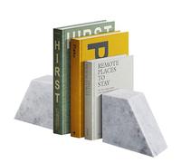 Flexzion Marble Bookends White Elegant Book Holder, 2-Piece Non-Skid Heavy Book Ends, Modern Decorative Book Stopper, Triangular with Gold Accent for Bookshelf, Desk, & Home Décor