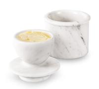 Flexzion Marble Butter Crock with Lid for Countertop - 4.25" French Marble Butter Keeper Dish Holder Container Pot with Water Line for Kitchen Home Decor Display Gift, White