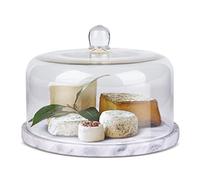 Flexzion Marble Cheese Holder Cake Stand with Lid Glass Cover, Cheese Dome, Cake Saver Serving Platter, Stone Cake Stand Cutting Board Slab for Kitchen, Dining Room Bakery Pastries Display, 8.7 Inches