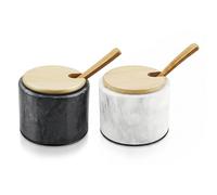 Flexzion Marble Salt Cellar with Lid and Spoon Set of 2, 10 oz White & Black Stone Salt and Pepper Cellars with Lids, Salt Containers for Countertop, Holder Bowls for Spices, Sugar, Seasoning