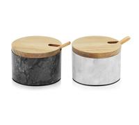 Flexzion Marble Salt Cellar with Lid & Spoon - Salt and Pepper Bowls Dish Container with Anti-Slip Pad - Marble Pepper Jar Storage Box Holder for Paprika, Herbs, Jewelry (Set of 2, Black & White)