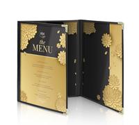 Flexzion Menu Holder 8.5" x 11" - Triple Stitched Menu Covers with Clear PVC, Black Binding & Gold Corners, Trifold 3 Pages 6 Views Menu Book for Restaurant, Cafe, Bar, & Catering Hall (1 Pack)