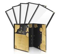Flexzion Menu Holder 8.5" x 11" - Triple Stitched Menu Covers with Clear PVC, Black Binding & Gold Corners, Trifold 3 Pages 6 Views Menu Book for Restaurant, Cafe, Bar, & Catering Hall (6 Pack)