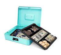 Flexzion Metal Cash Box with Combination Lock - 5-Compartment Petty Cash Box with Money Tray and Lock for Small Business - Removable Money Tray for Bills, Checks & Coins, 11.8"x 9.4"x 3.5", Blue