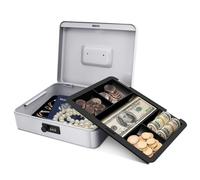 Flexzion Metal Cash Box with Combination Lock - 5-Compartment Petty Cash Box with Money Tray and Lock for Small Business - Removable Money Tray for Bills, Checks & Coins, 11.8"x 9.4"x 3.5", Gray