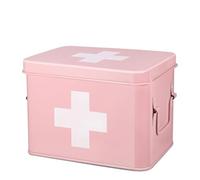 Flexzion Metal First Aid Box Empty, 8.5 Inch Pink Vintage First Aid Storage Box, First Aid Tin Container with Dividers, Removable Tray, Side Handles and Cross Logo