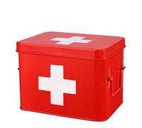 Flexzion Metal First Aid Box Empty, 8.5 Inch Red Vintage First Aid Storage Box, First Aid Tin Container with Dividers, Removable Tray, Side Handles and Cross Logo