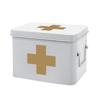 Flexzion Metal First Aid Box Empty, 8.5 Inch White Vintage First Aid Storage Box, First Aid Tin Container with Dividers, Removable Tray, Side Handles and Gold Cross Logo