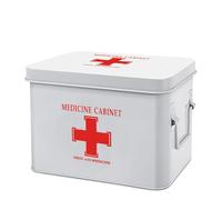 Flexzion Metal First Aid Box Empty, 8.5 Inch White Vintage First Aid Storage Box, First Aid Tin Container with Dividers, Removable Tray, Side Handles and Red Cross Logo