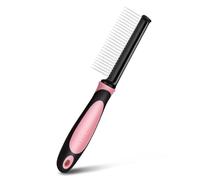 Flexzion Metal Pet Comb for Cats & Dogs - Sturdy Stainless Steel Rounded Teeth with Non-Slip Soft Grip Handle Easy to Use Grooming Detangling Cat Combs for Indoor Cats, Pink