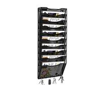 Flexzion Metal Wall Hanging File Organizer 10-Pocket Black Mesh Office Wall Organizer Magazine Rack with Key Hooks and Label Plates