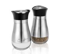Flexzion Modern Salt and Pepper Shakers Set, Glass Canister Dispenser with Stainless Steel Sleeve and Black Lid for Spices, Sea/Kosher/Himalayan Salts and Pepper - Silver (Set of 2)