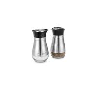 Flexzion Modern Salt and Pepper Shakers Set, Glass Canister Dispenser with Stainless Steel Sleeve and Black Lid for Spices, Sea/Kosher/Himalayan Salts and Pepper - Silver (Set of 2)