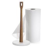 Flexzion Paper Towel Holders - 14 inch, Kitchen Roll Dispenser Stand Rack/w 6" Marble Weight Base and Natural Acacia Wood Stick Pole for Countertop Tables Home Dining Bathroom Storage - Marble White
