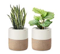 Flexzion Plant Basket (2 Pack) Modern Urban Boho Rattan Cotton Rope Basket Indoor Planter Holder (Up to 10 Inch Flower Pot) Macrame Woven Storage Organizer Bin with Handles Home Decor 11" x 11"