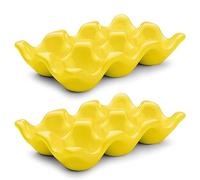 Flexzion Porcelain Egg Crate - 6-Egg Capacity Ceramic Egg Tray, Half Dozen Egg Holder for Fridge, Countertop Display - Yellow Decorative Serving Dish and Storage Organizer, 2 Pack