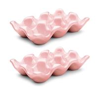 Flexzion Porcelain Egg Crate - 6-Egg Capacity Ceramic Egg Tray, Half Dozen Egg Holder for Fridge, Countertop Display - Pink Decorative Serving Dish and Storage Organizer, 2 Pack